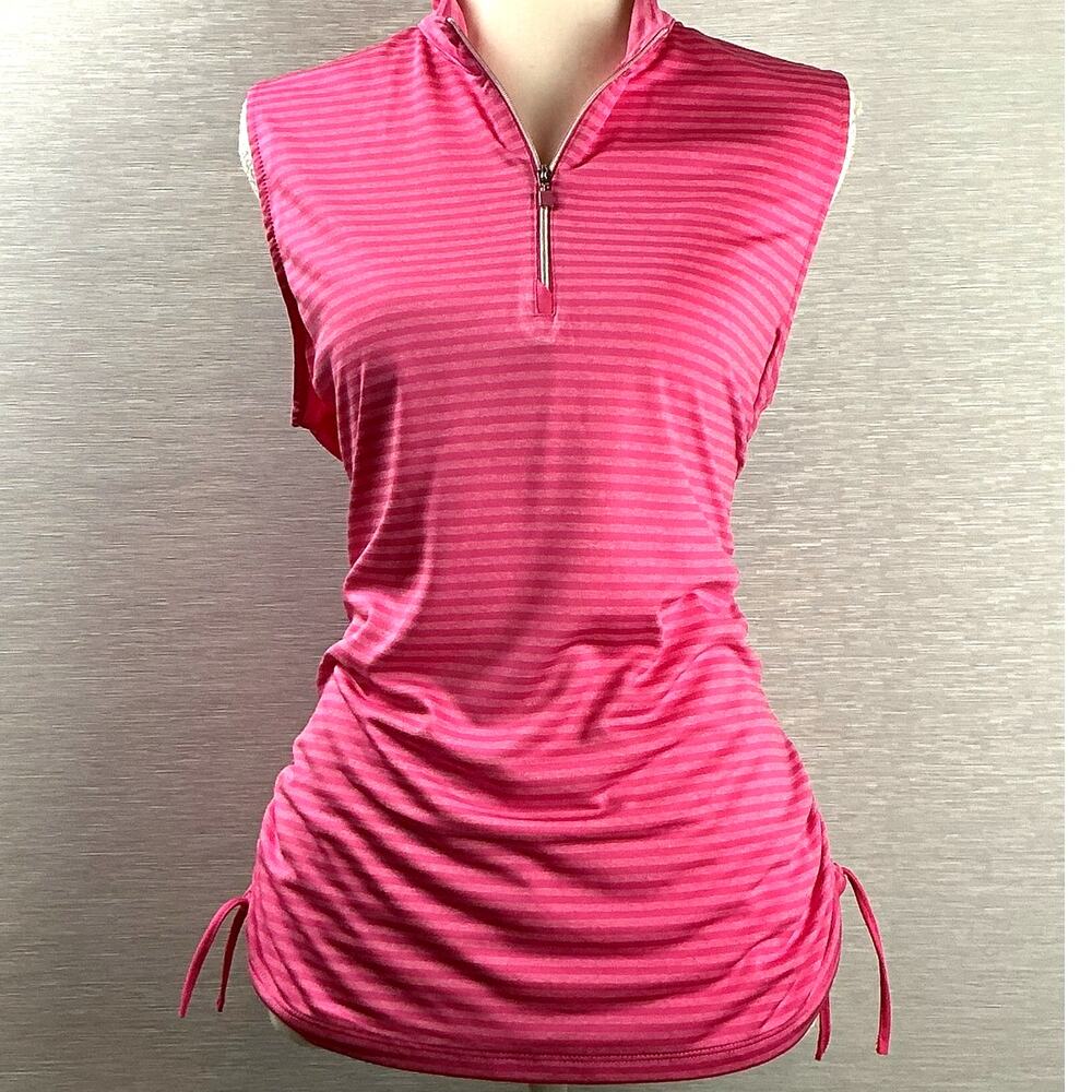 PGA Tour Womens Sleeveless Golf Polo L Pink Stripe Band Collar Ruched 1/4 Zip